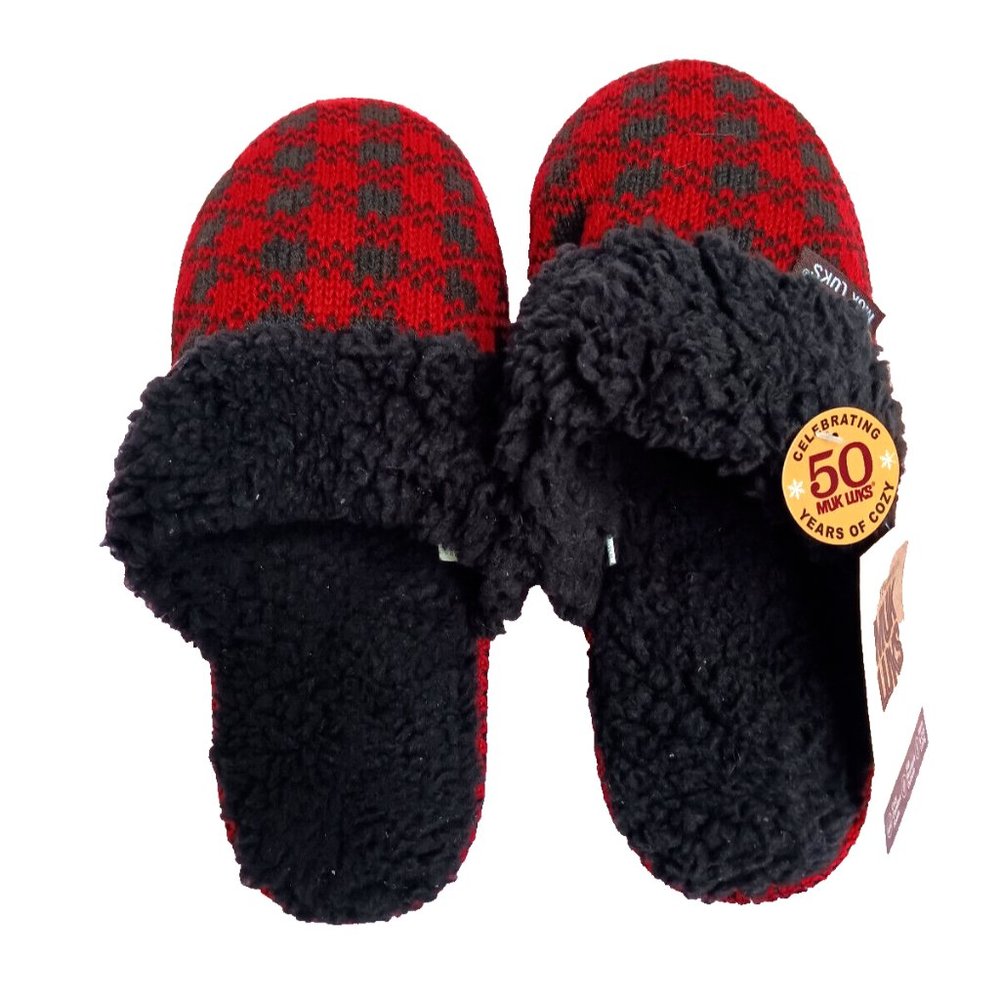 MUK LUKS Women's Red Plaid Knit Clog Slipper with Faux Fur Trim Size 7-8